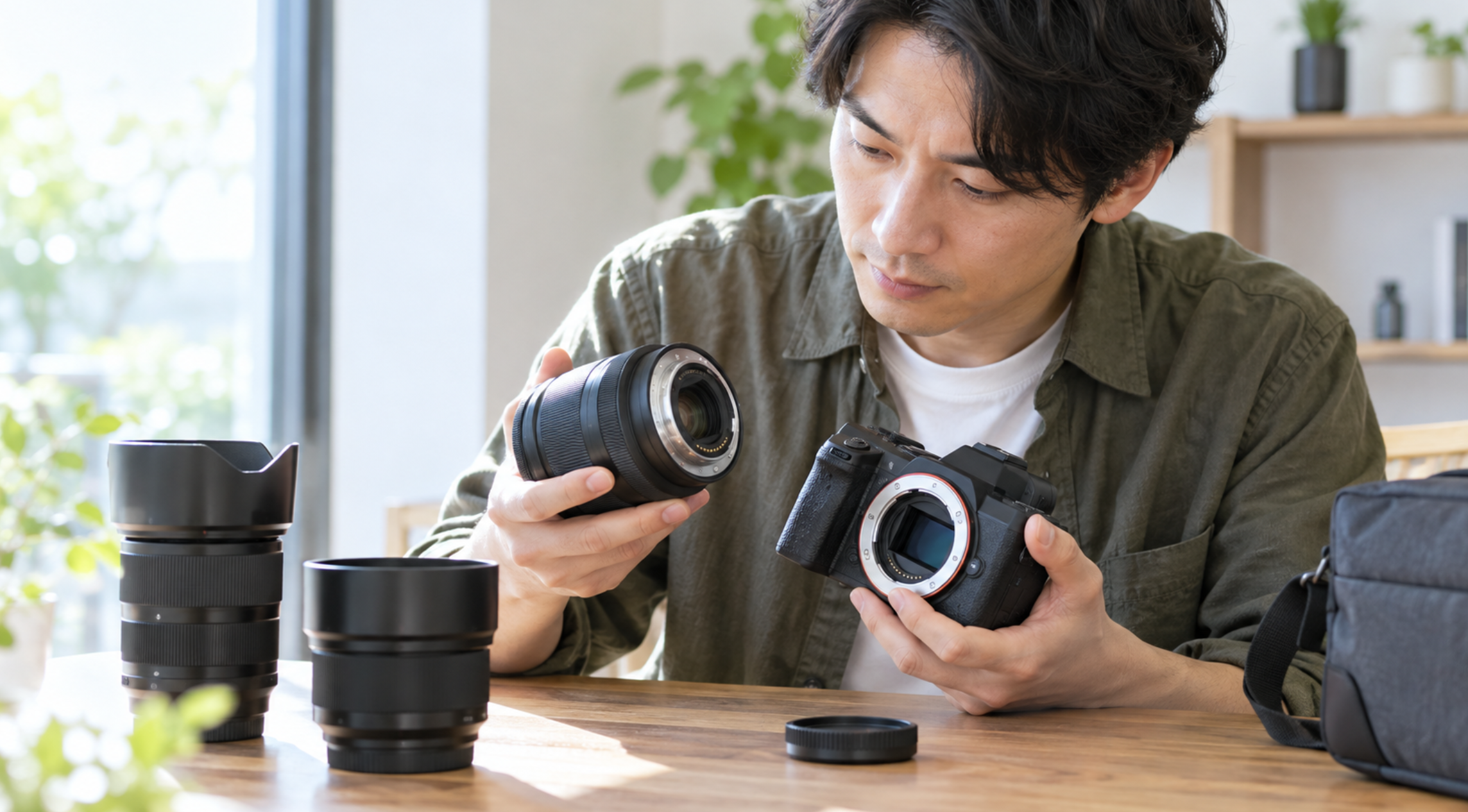 交換レンズとカメラのマウント互換性を確認する日本人男性