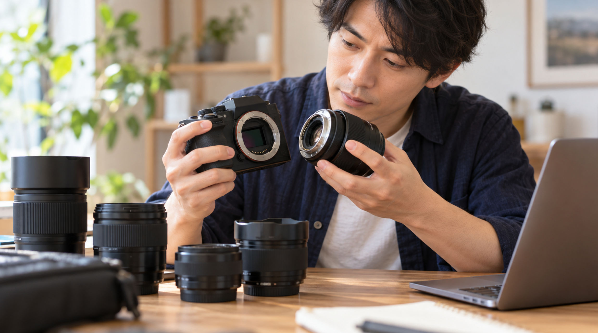 カメラ本体と交換レンズのマウント互換性を確認する様子