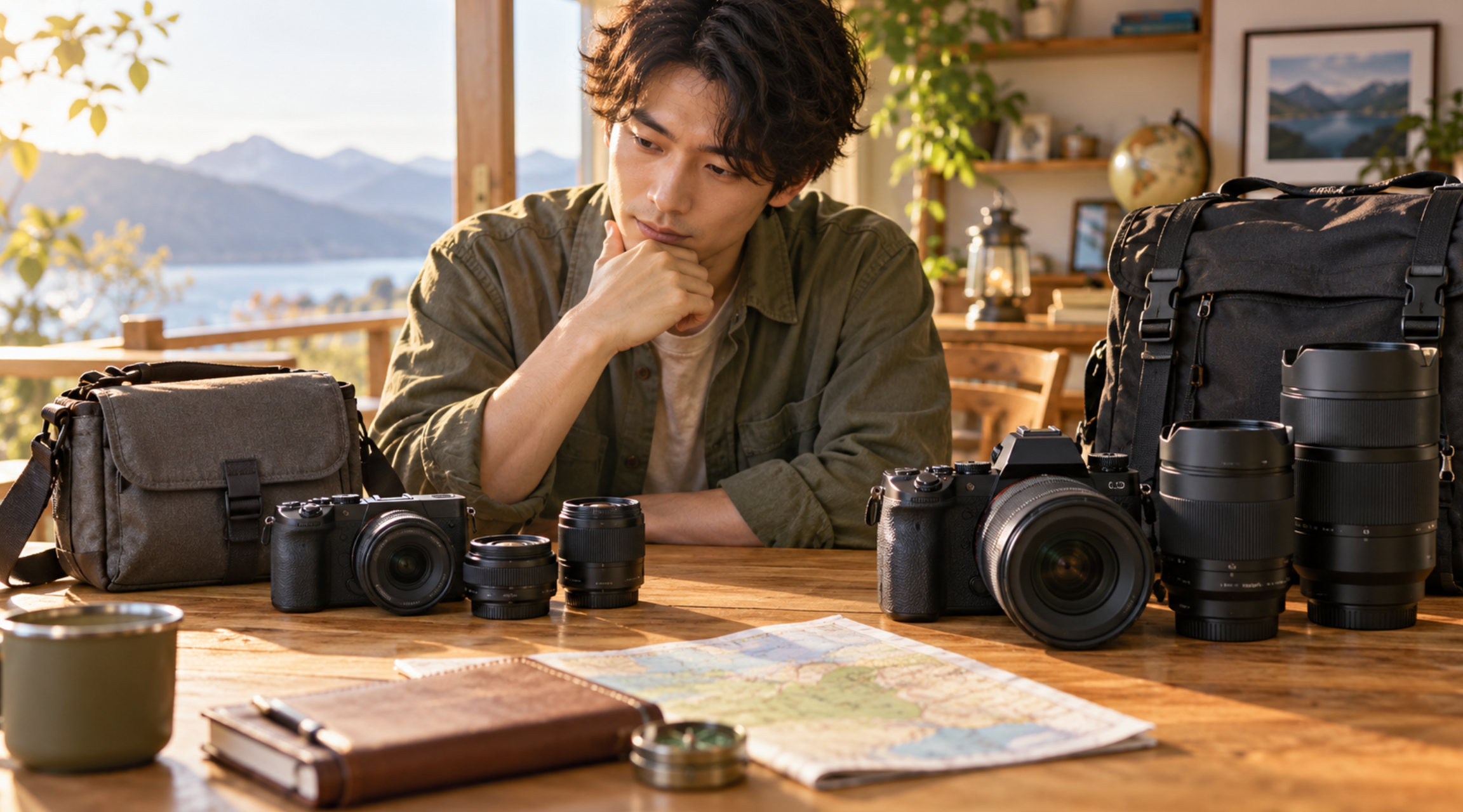 APS-C用Eレンズとフルサイズ対応FEレンズの携帯性を比較する様子