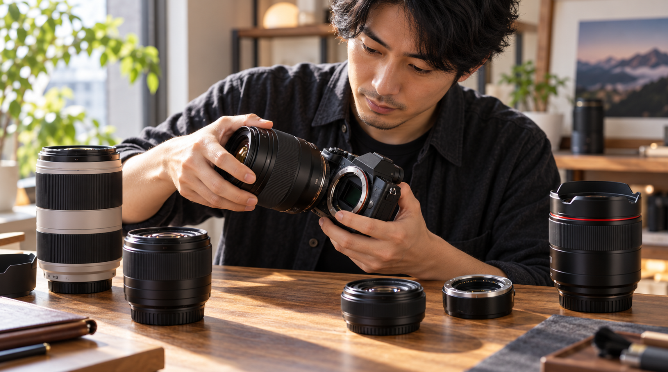 キヤノン用交換レンズとマウントアダプターの互換性を確認しながらミラーレスカメラにレンズを装着する日本人男性