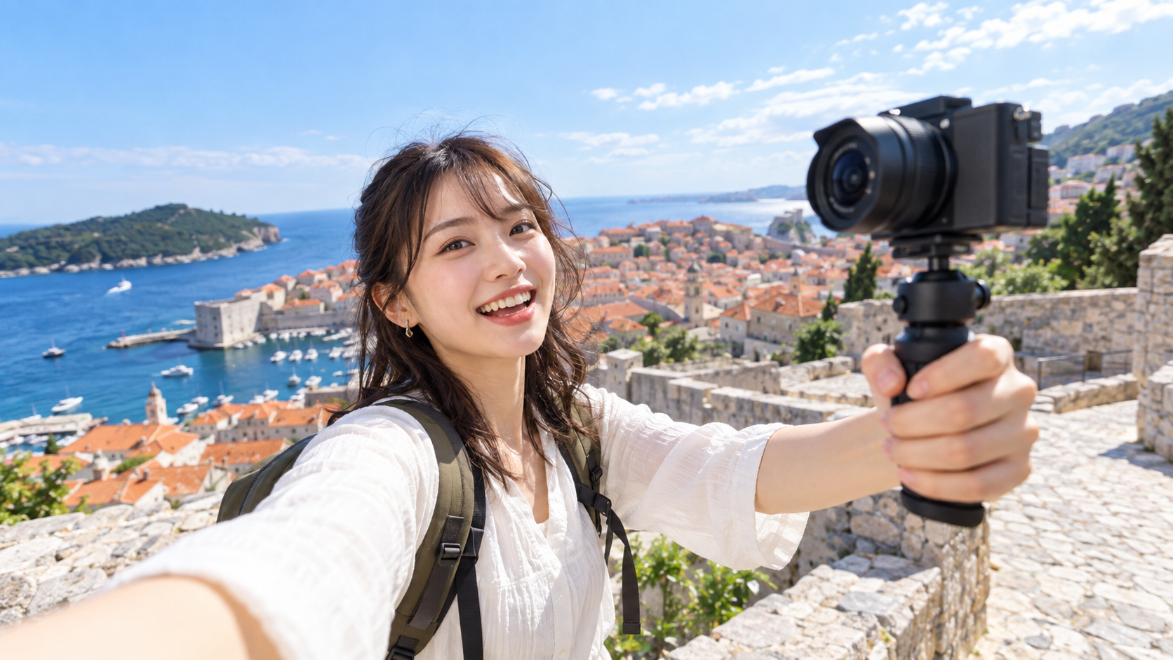 LUMIX G100Dと広角レンズで旅行Vlogを自撮りする女性