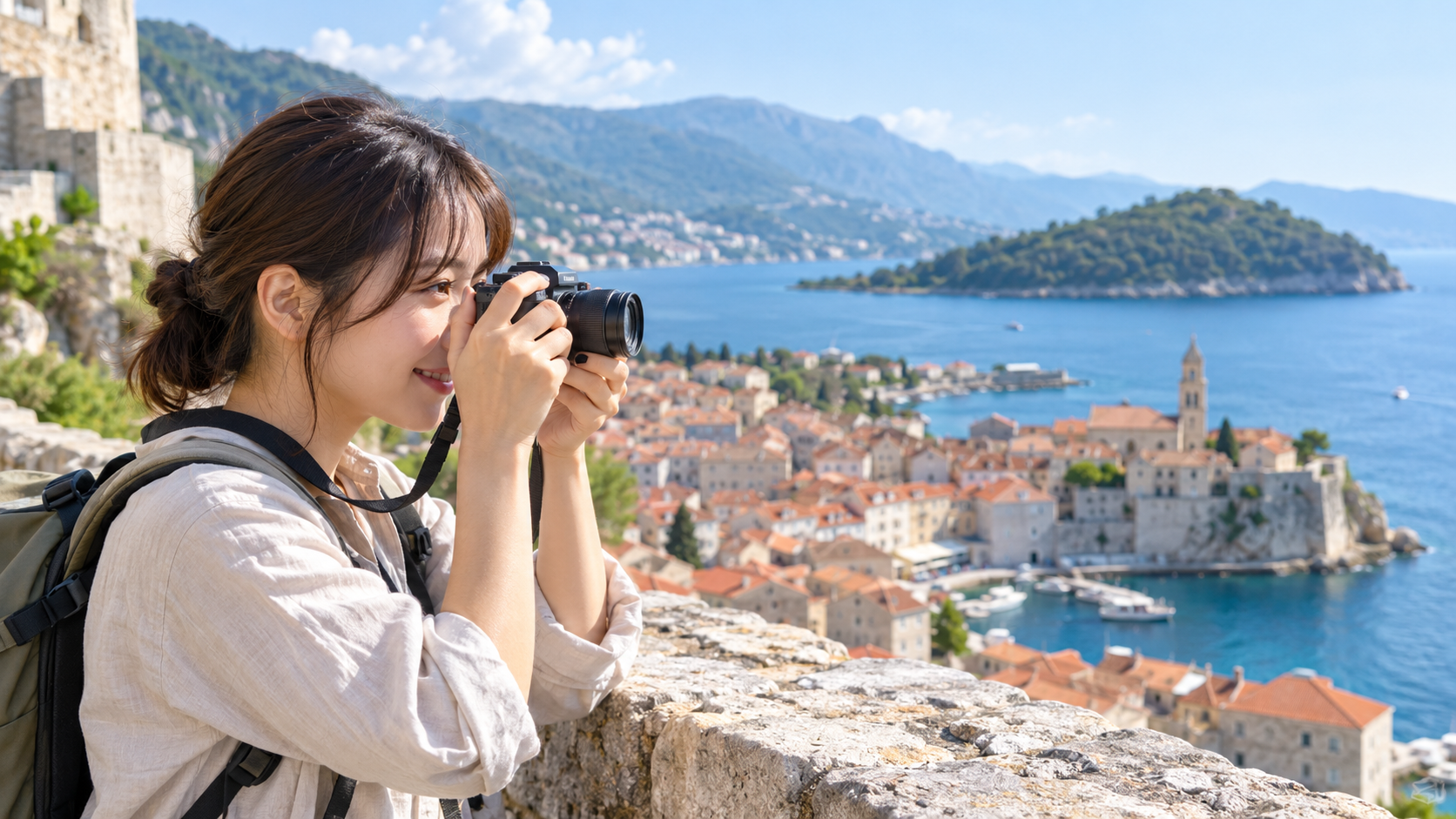 LUMIX G100Dと小型ズームレンズで旅行風景を撮影する女性