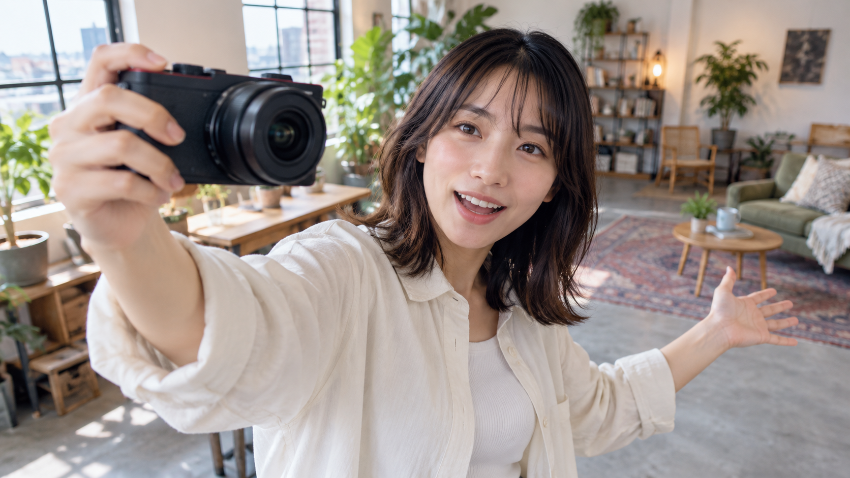広角レンズ付きミラーレスカメラでVlogを自撮りする日本人女性