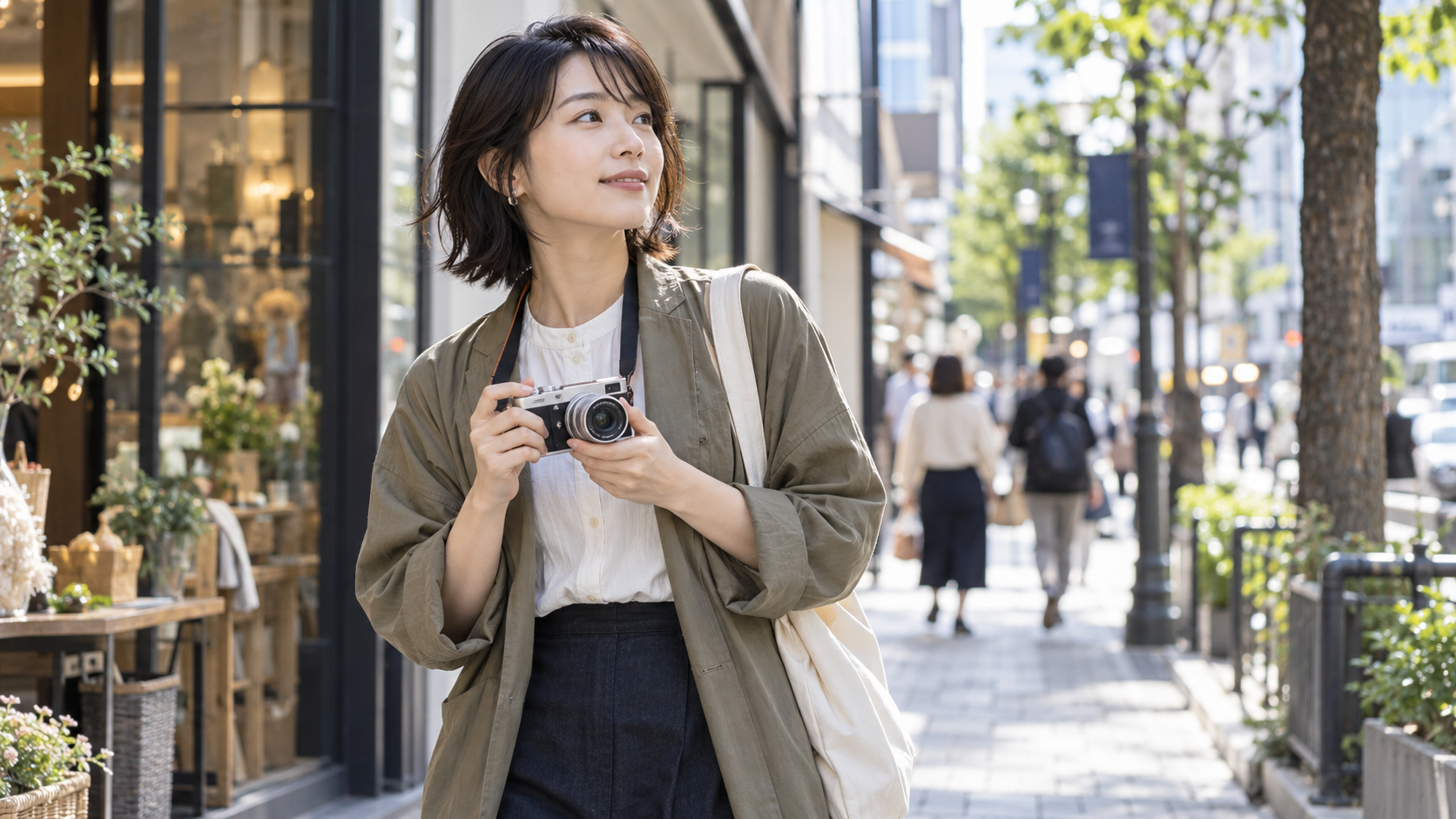 PEN E-P7向け小型単焦点レンズで街歩き撮影を楽しむ日本人女性