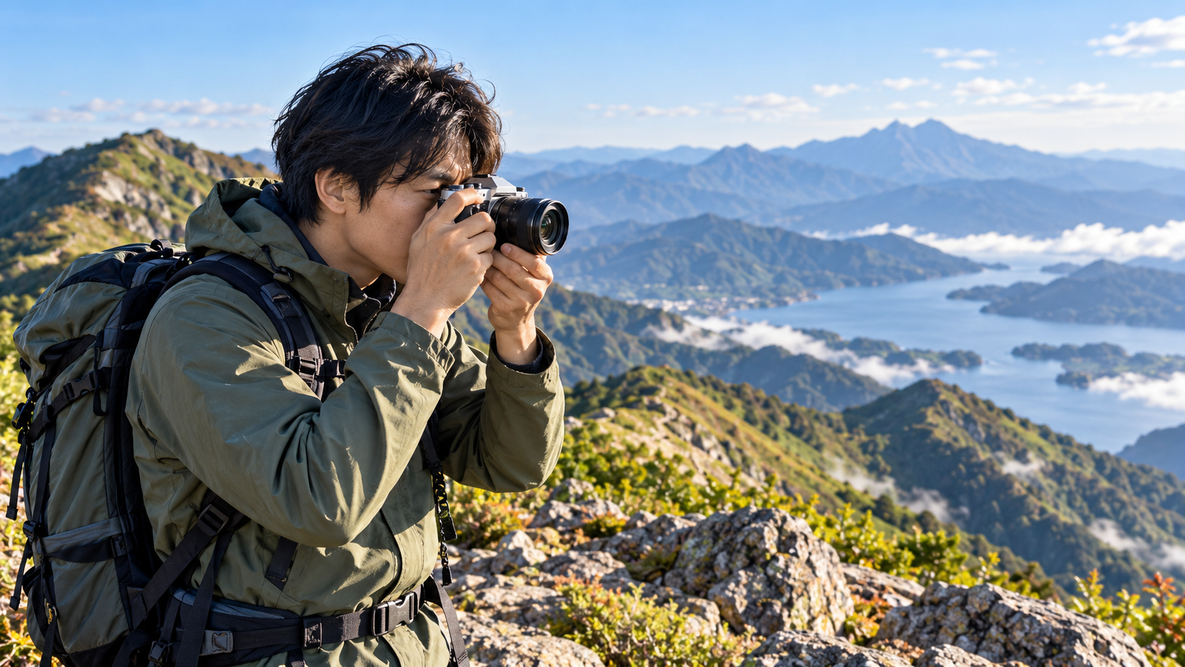 登山で軽量なミラーレスカメラと交換レンズを使い山岳風景を撮影する男性