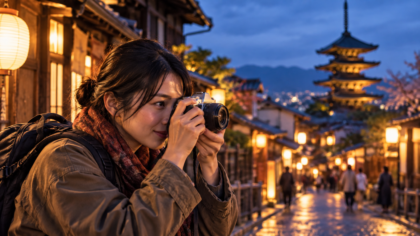 夜の街歩きで明るい単焦点レンズを使い旅行スナップを撮影する女性