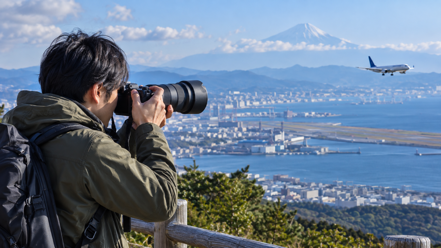 望遠ズームレンズで遠くの飛行機を撮影する日本人カメラマン