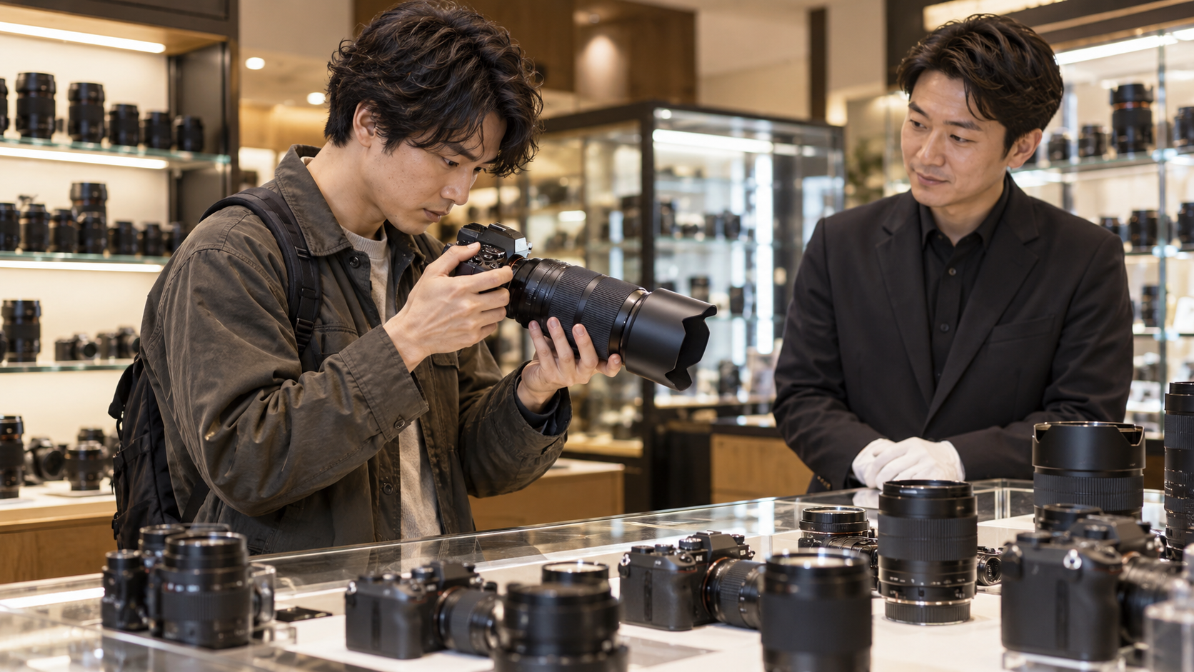 中古カメラ店で望遠ズームレンズの状態を確認する日本人男性