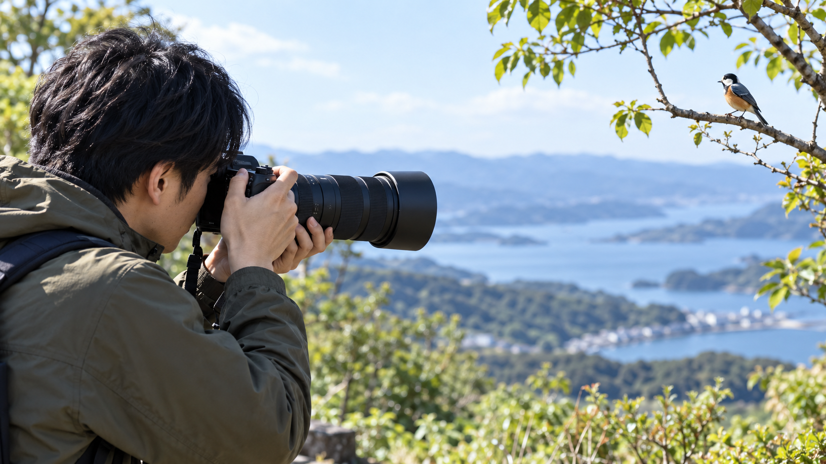 望遠ズームレンズで枝に止まる野鳥を撮影する日本人カメラマン