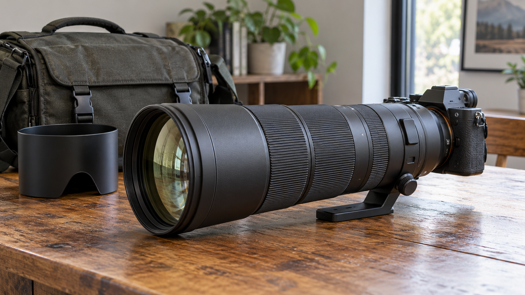 150-600mmクラスの超望遠ズームを装着したミラーレスカメラとカメラバッグ