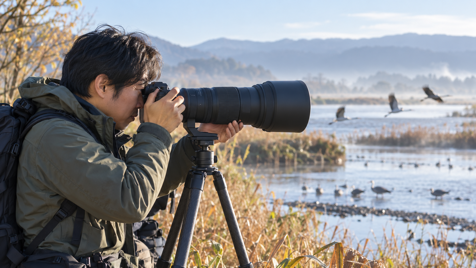 湿地で150-600mmクラスの超望遠レンズを使って野鳥を撮影する日本人カメラマン