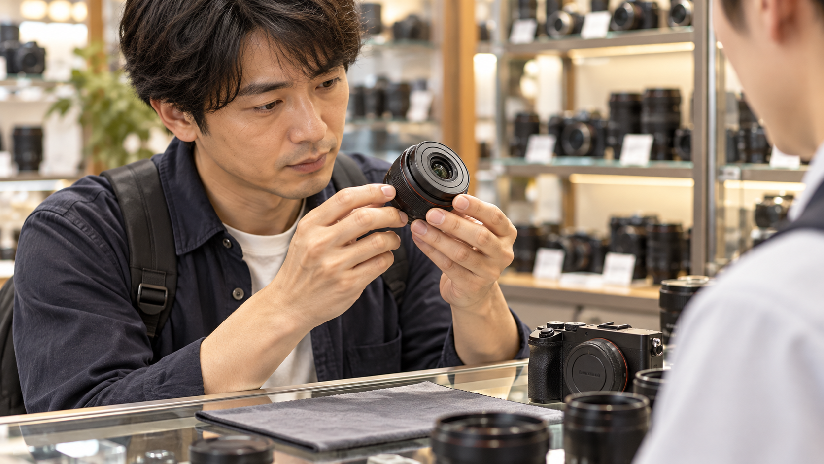 中古カメラ店で小型ズームレンズの前玉や鏡筒を確認する日本人男性
