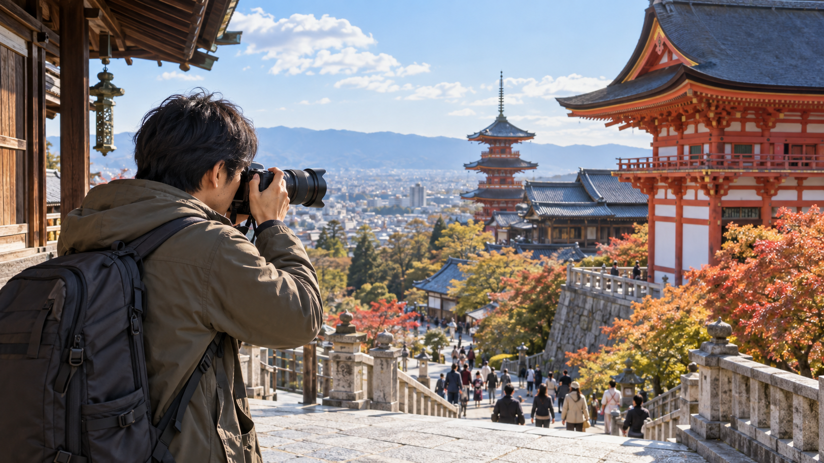 高倍率ズームで寺院の風景を撮影する日本人旅行者