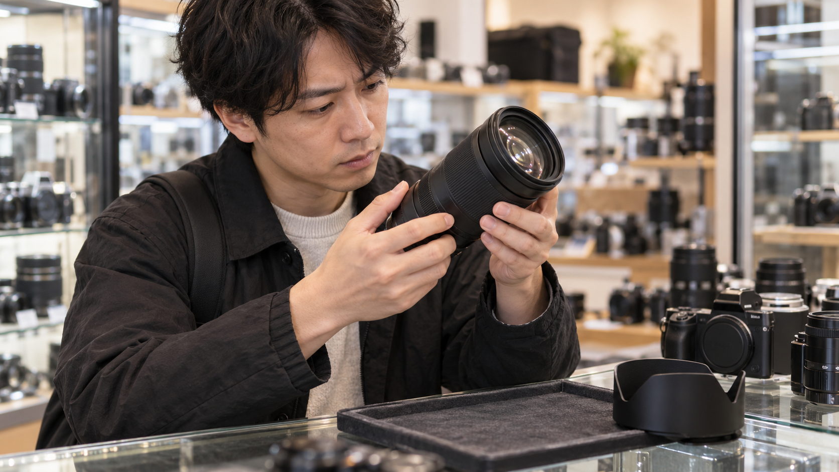 中古カメラ店で高倍率ズームレンズの状態を確認する日本人男性