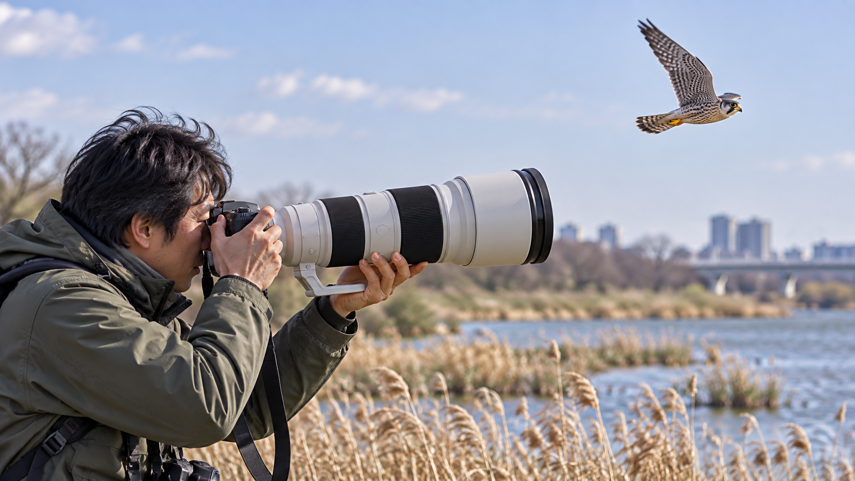 超望遠ズームレンズを手持ちして飛翔する野鳥を追う日本人カメラマン