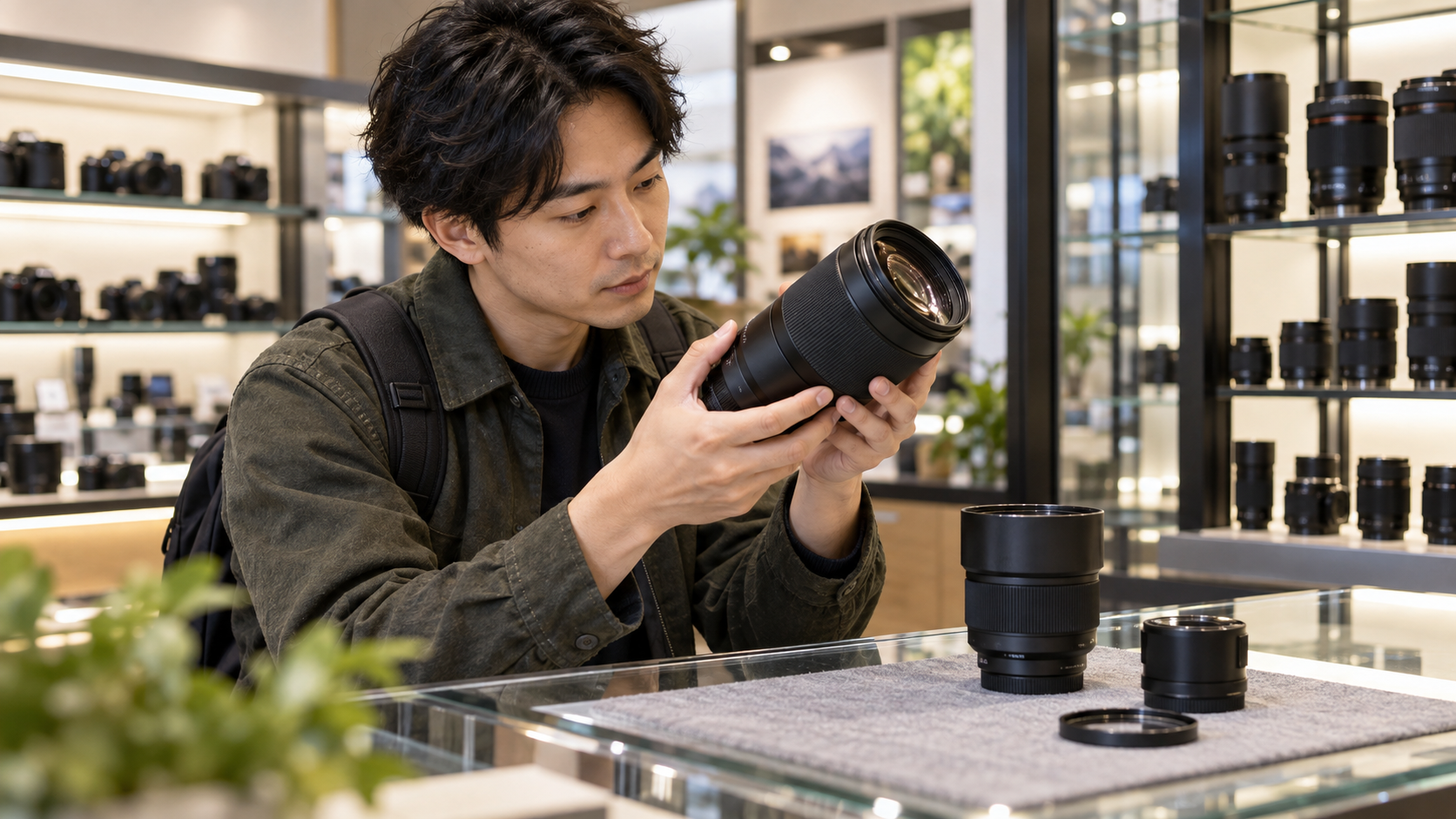 カメラ店でマクロレンズの状態を確認し購入を比較検討する日本人男性
