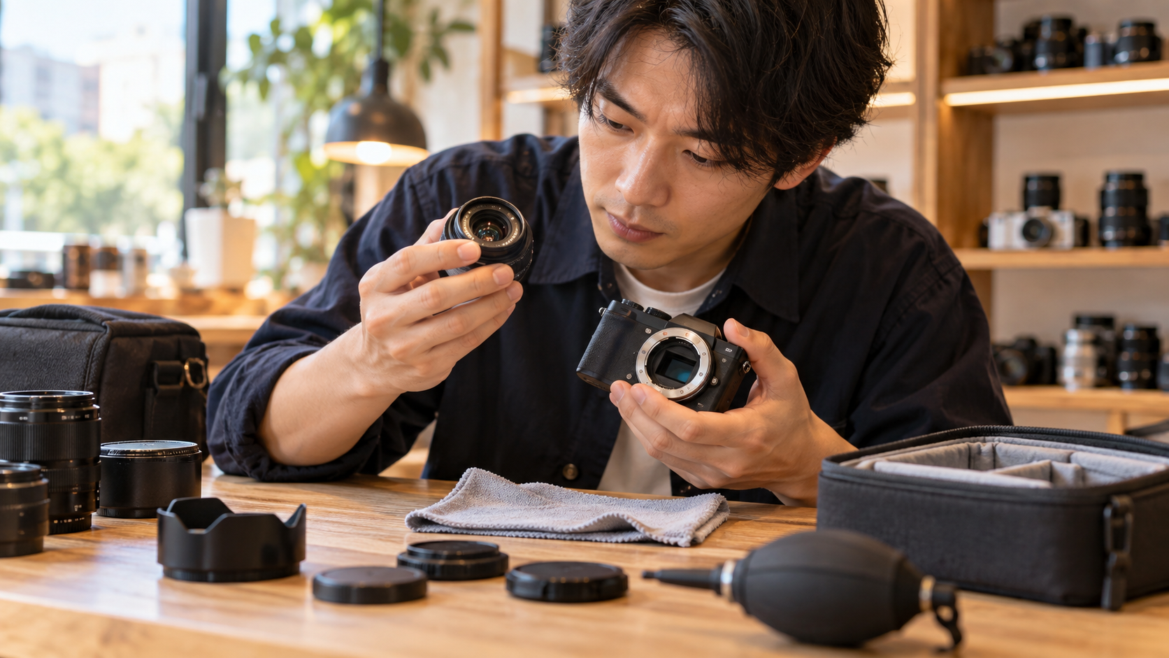 中古PENTAX Qレンズのガラスやマウント状態を確認する日本人男性