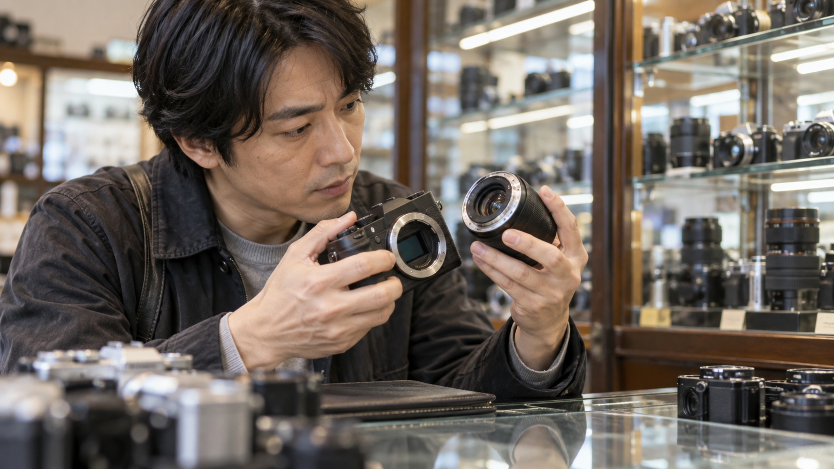 中古カメラ店で交換レンズとカメラの状態を確認する日本人男性