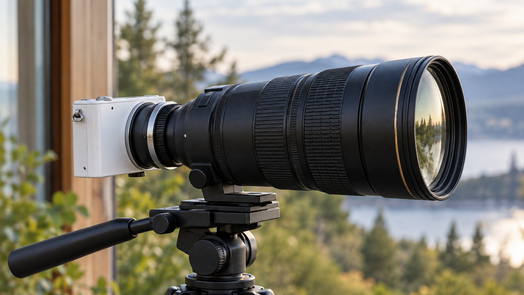 Nikon 1 J1をイメージした小型カメラにアダプター経由で大型望遠レンズを装着した例