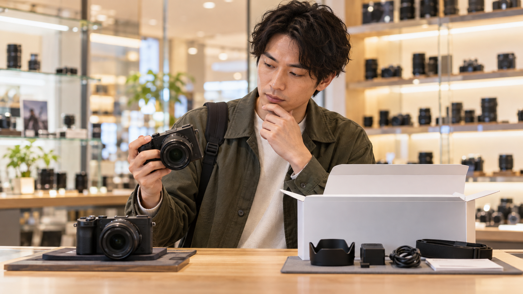 α7C IIの新品と中古をカメラ店で比較検討する男性