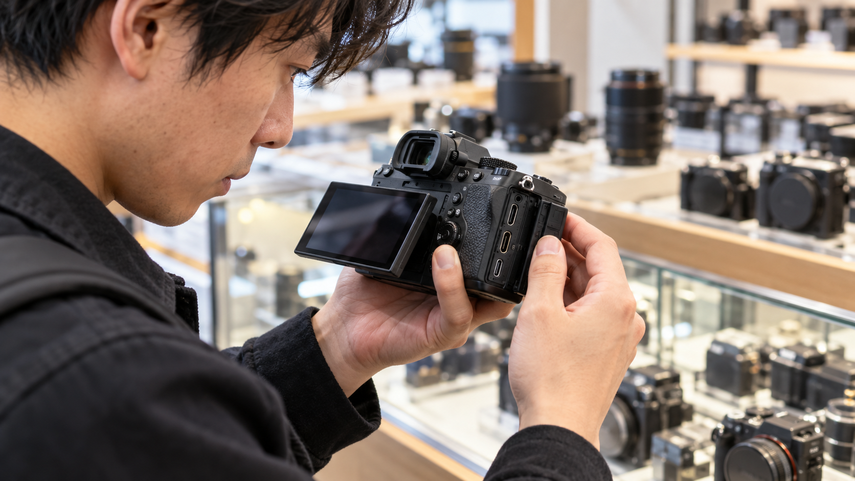 中古カメラ店でミラーレスカメラのHDMI端子や液晶を確認する日本人男性