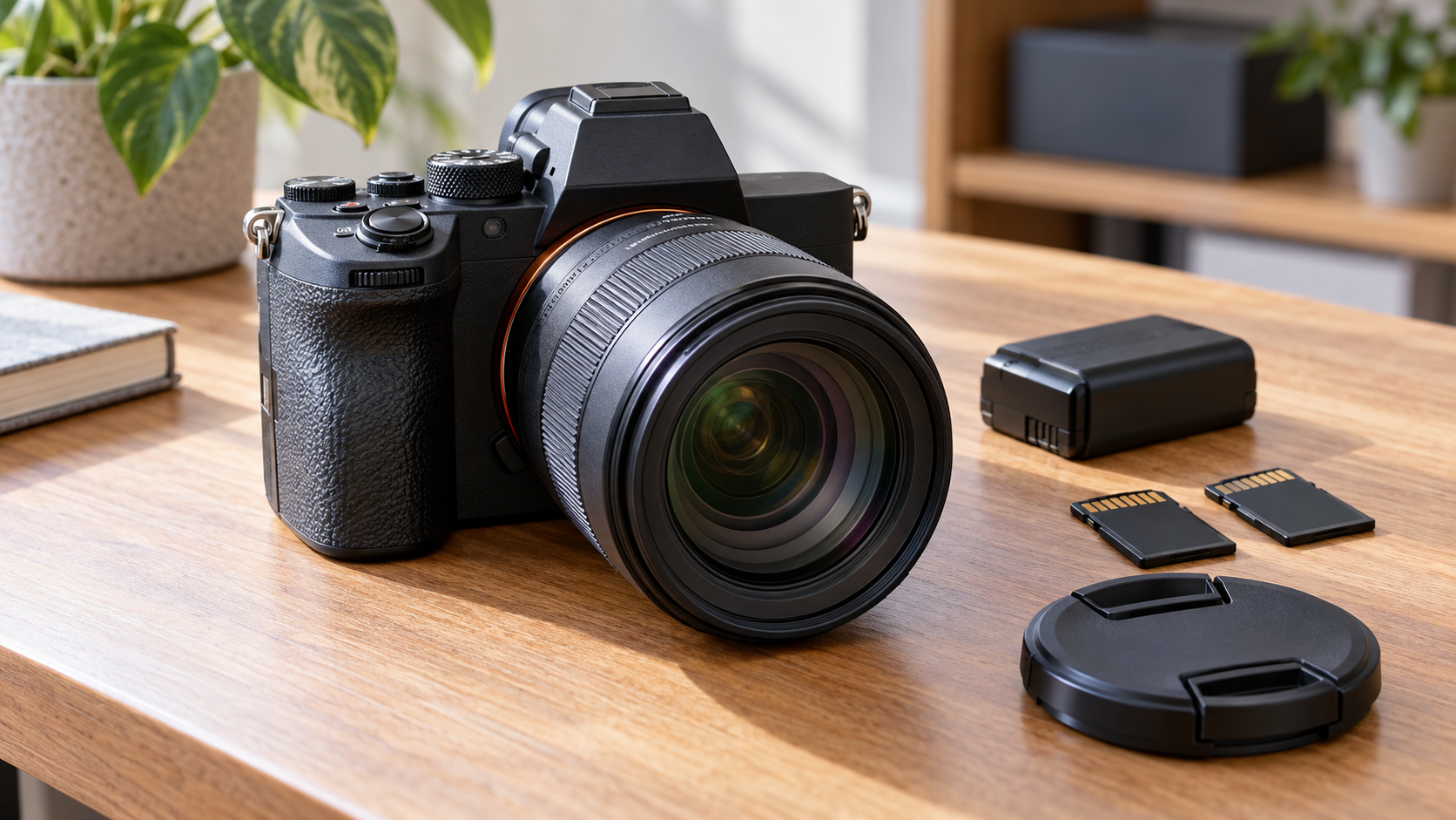 α7R IV中古選びをイメージしたミラーレスカメラとバッテリー・SDカード