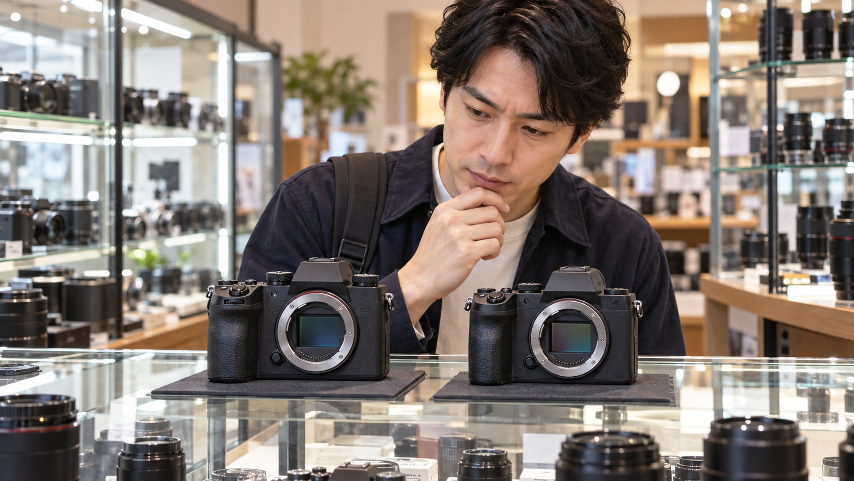 中古カメラ店で2台のミラーレスカメラを比較する男性