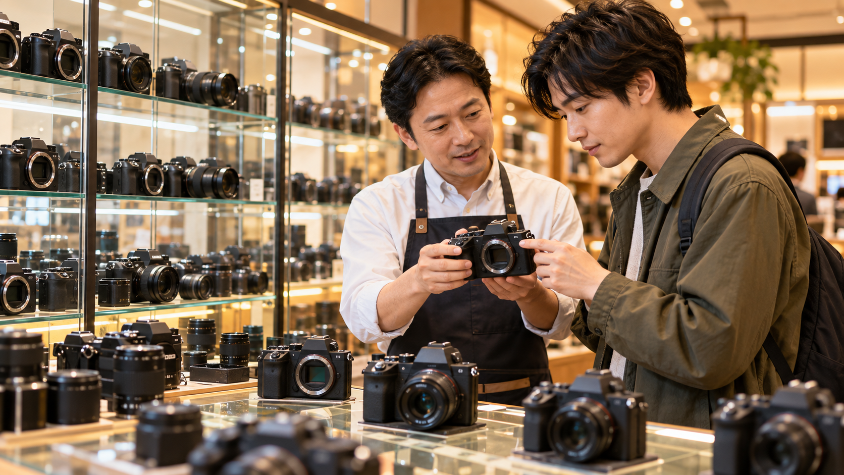 中古カメラ店でミラーレスカメラの状態を確認する店員と購入者