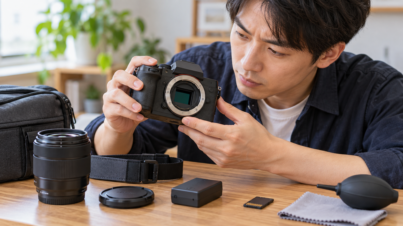 中古ミラーレスカメラのセンサーや外装を点検する男性