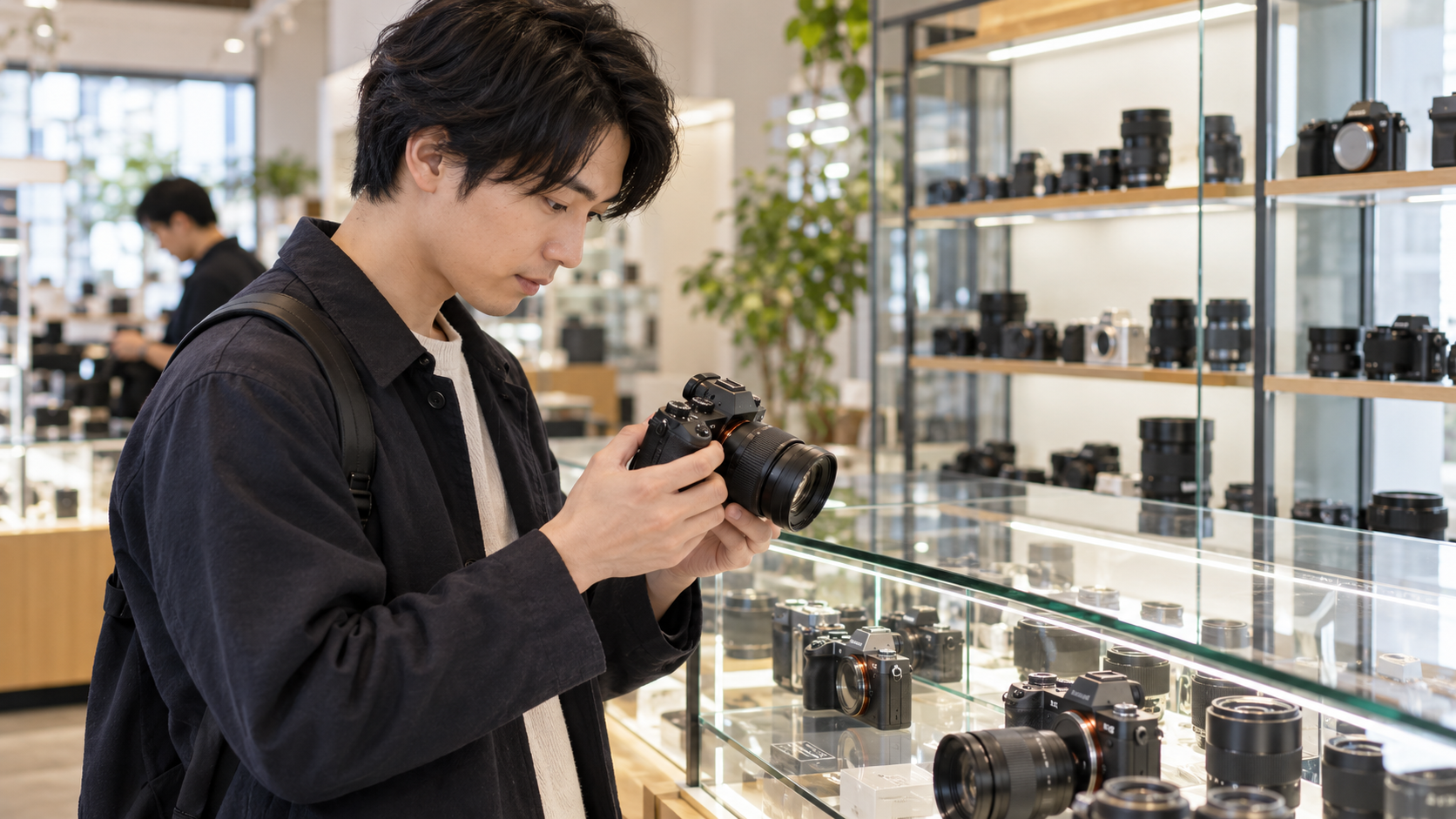 中古α7 II選びをイメージしたカメラ店でミラーレスカメラを確認する日本人男性