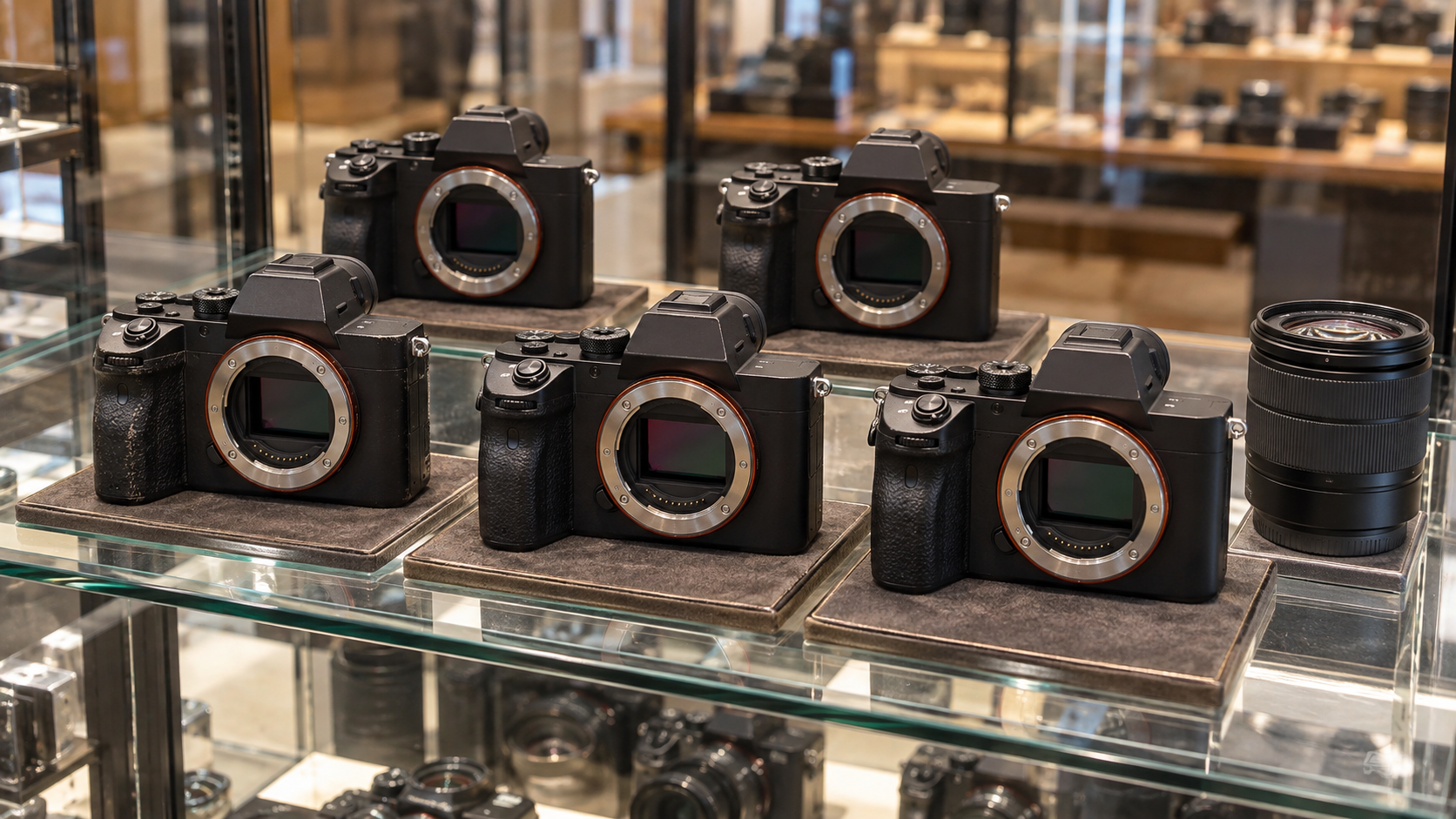中古α7 IIの価格や状態を比較するイメージのミラーレスカメラ展示