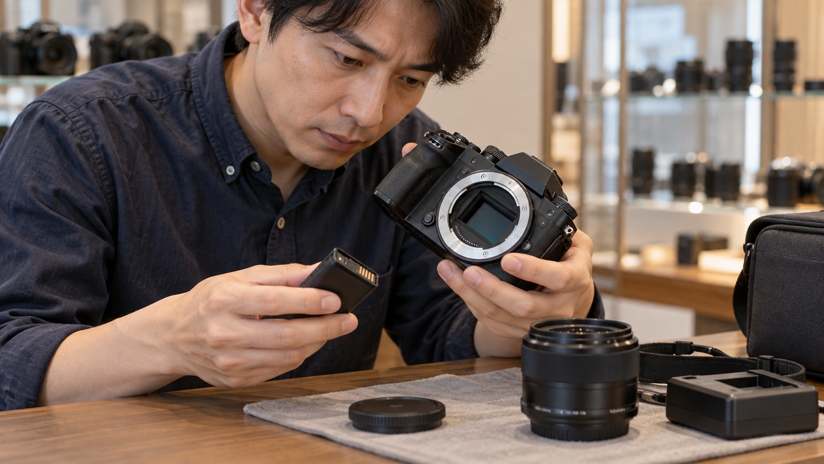 中古α7 II購入前にセンサーやバッテリーの状態を確認する日本人男性