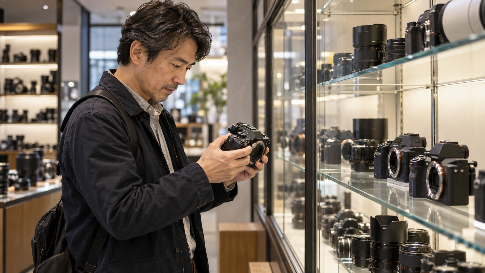 中古カメラ店でα9 III候補のミラーレスカメラを確認する日本人男性
