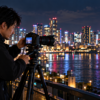 フルサイズミラーレスカメラで都市の夜景を撮影する日本人カメラマン