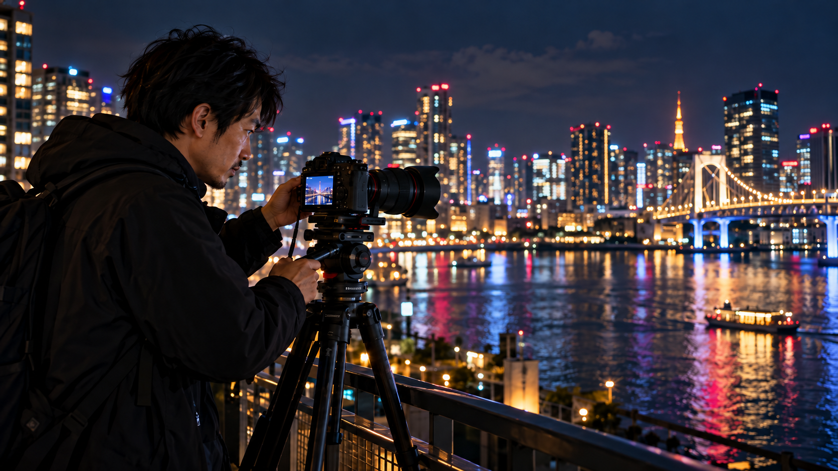 フルサイズミラーレスカメラで都市の夜景を撮影する日本人カメラマン
