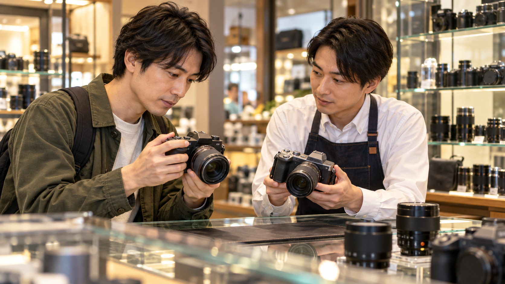 カメラ専門店で中古ミラーレスカメラを比較する購入者と店員