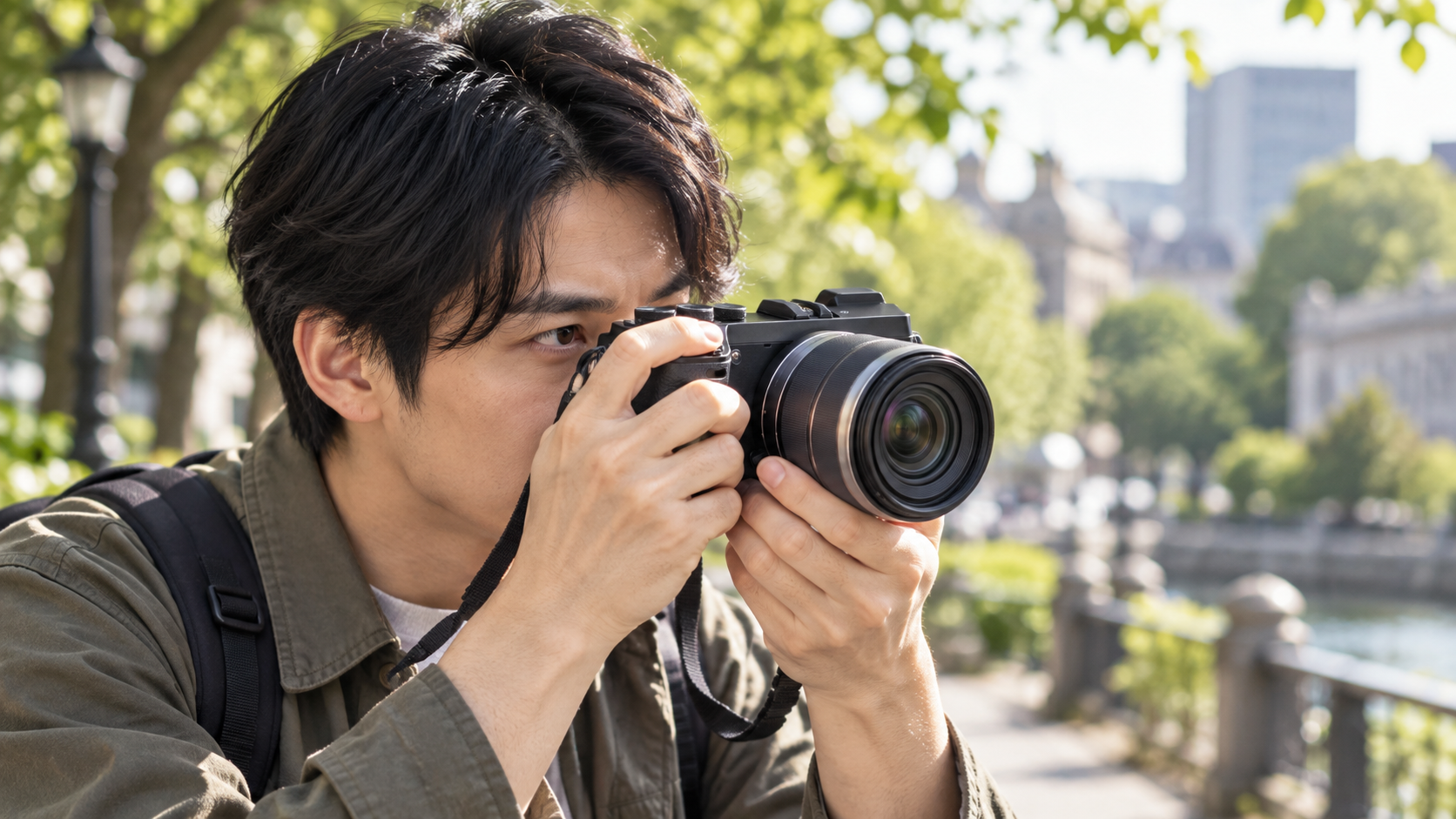 NEX-7をイメージしたミラーレスカメラで街中を撮影する日本人男性