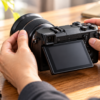 NEX-7風ミラーレスカメラでマニュアルフォーカスを調整する様子