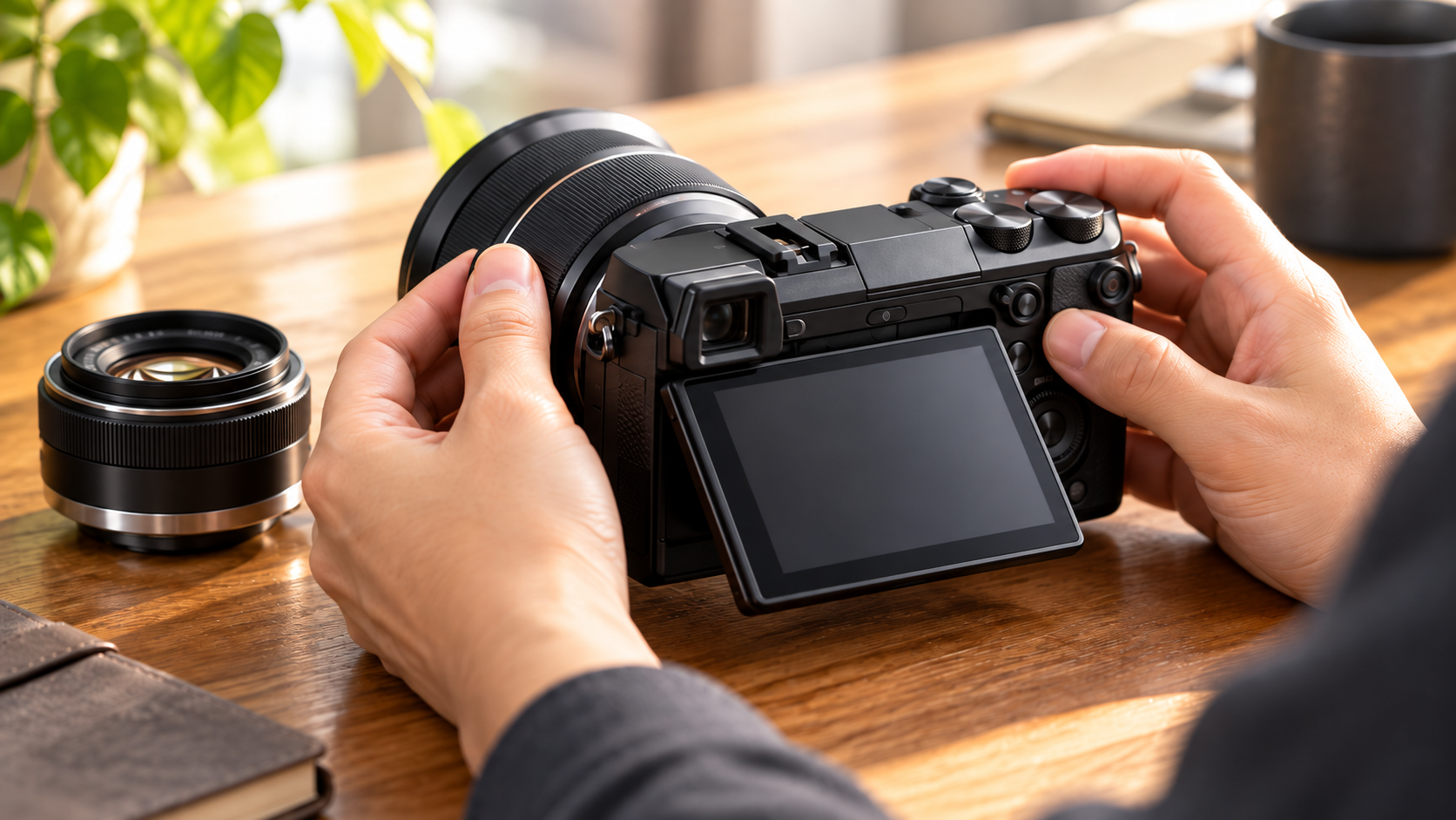 NEX-7風ミラーレスカメラでマニュアルフォーカスを調整する様子