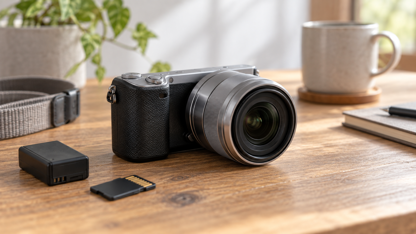 NEX-5R中古をイメージした小型ミラーレスカメラとバッテリー・SDカード