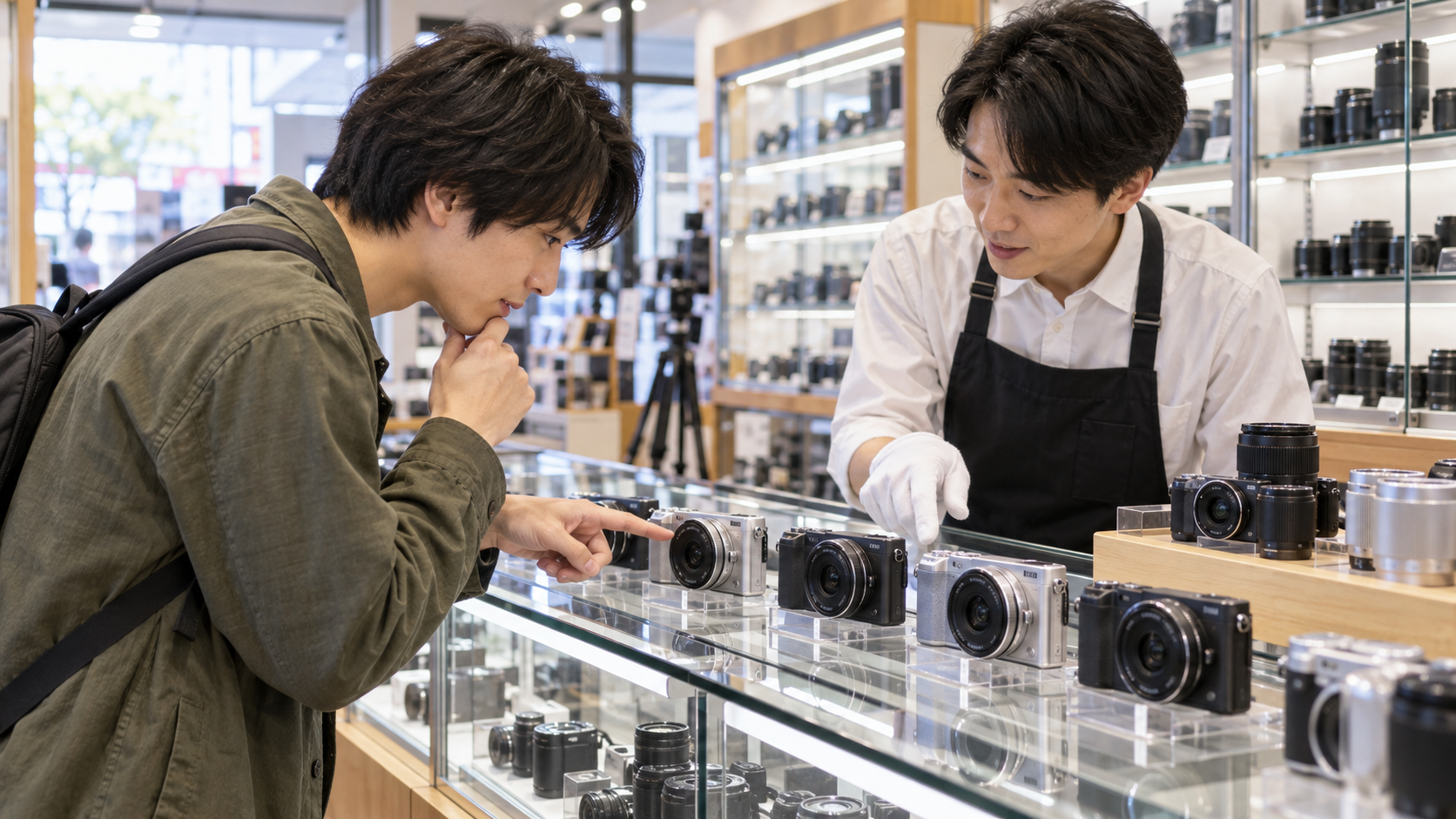 中古カメラ店でNEX-5Rなど小型ミラーレスを比較する購入者