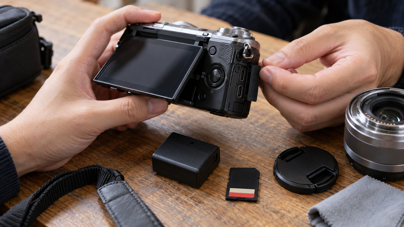 NEX-5R中古のチルト液晶や端子、バッテリーを購入前に確認する様子