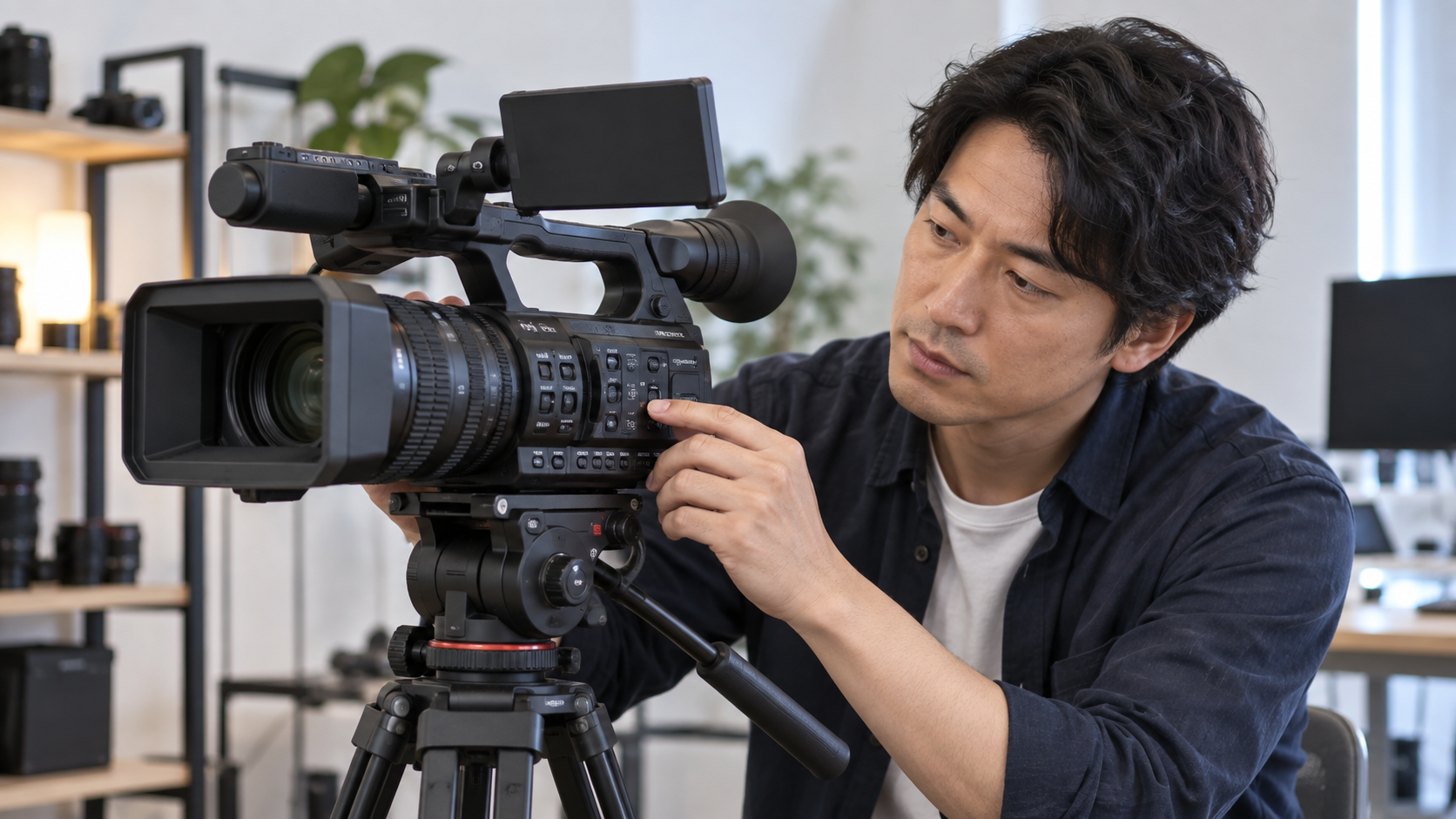 中古の業務用4Kビデオカメラを確認する日本人男性