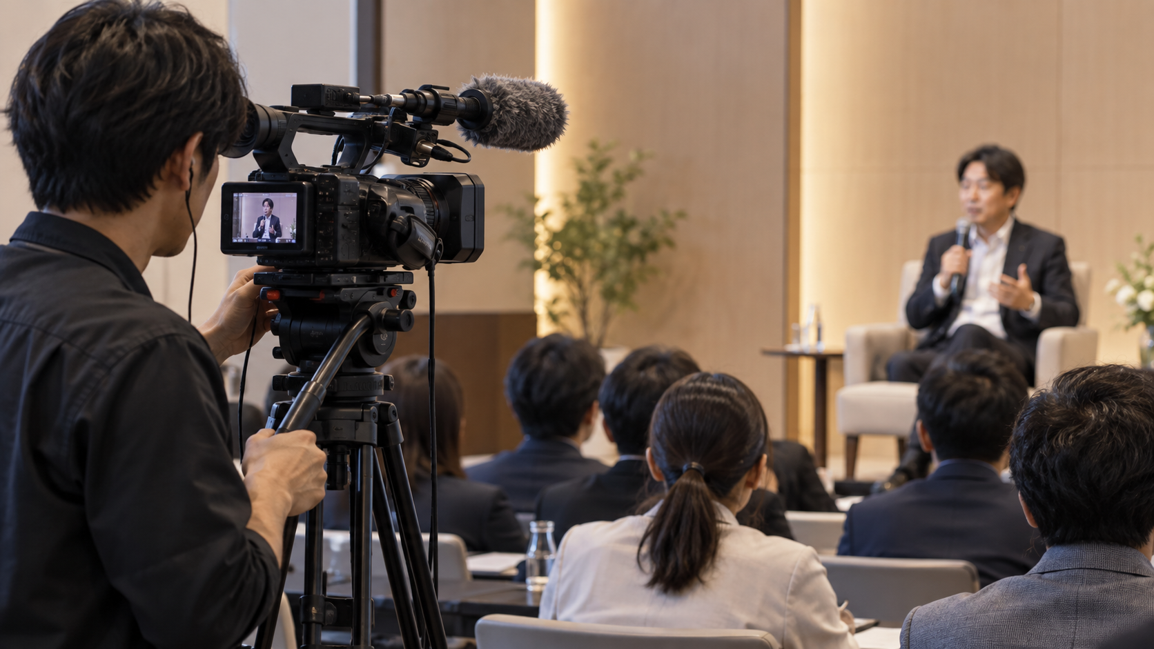 業務用ビデオカメラで講演会を撮影する日本人カメラマン