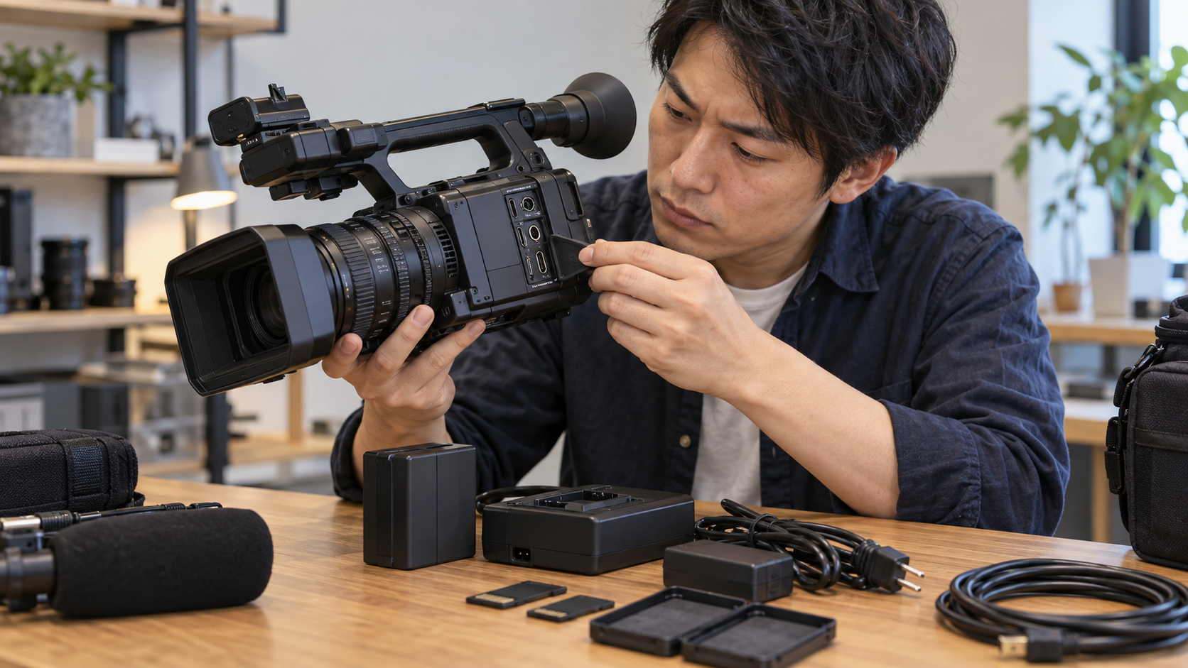 中古業務用ビデオカメラの端子と付属品を点検する日本人男性