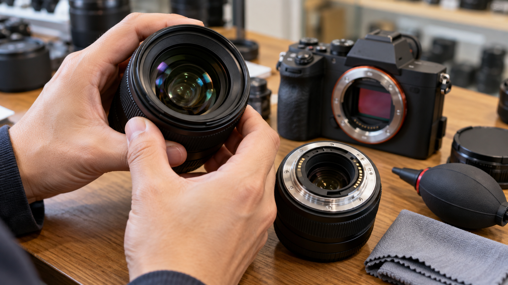 中古カメラレンズの前玉やマウントの状態を購入前に点検する様子