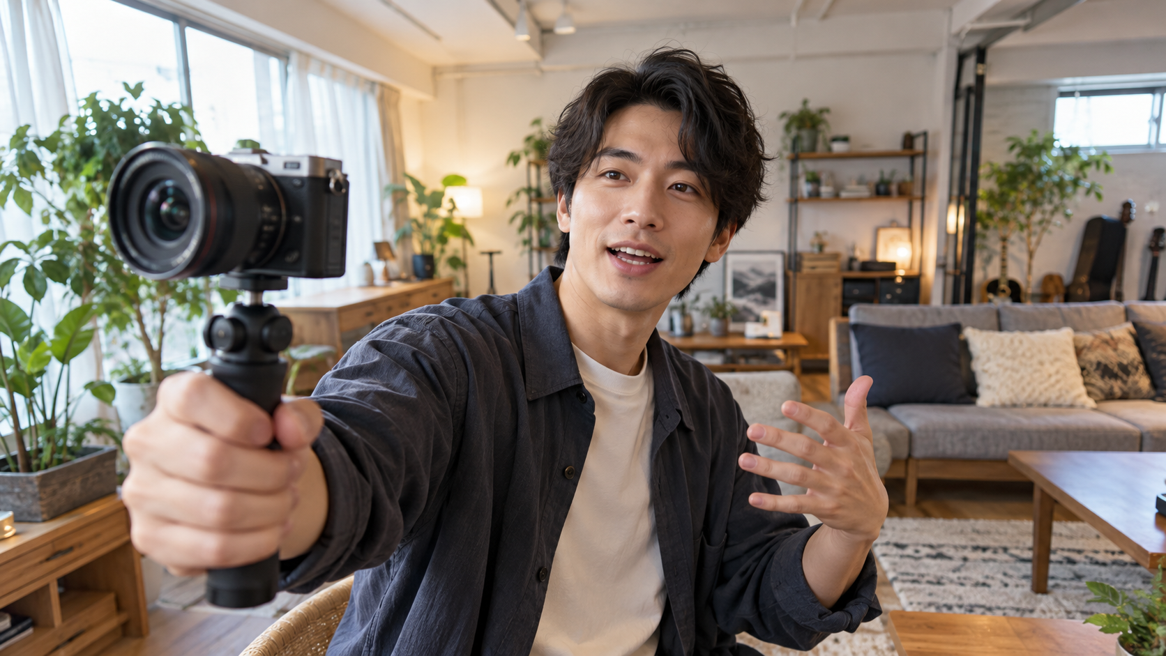 小型ミラーレスと広角レンズでVlog撮影する日本人男性