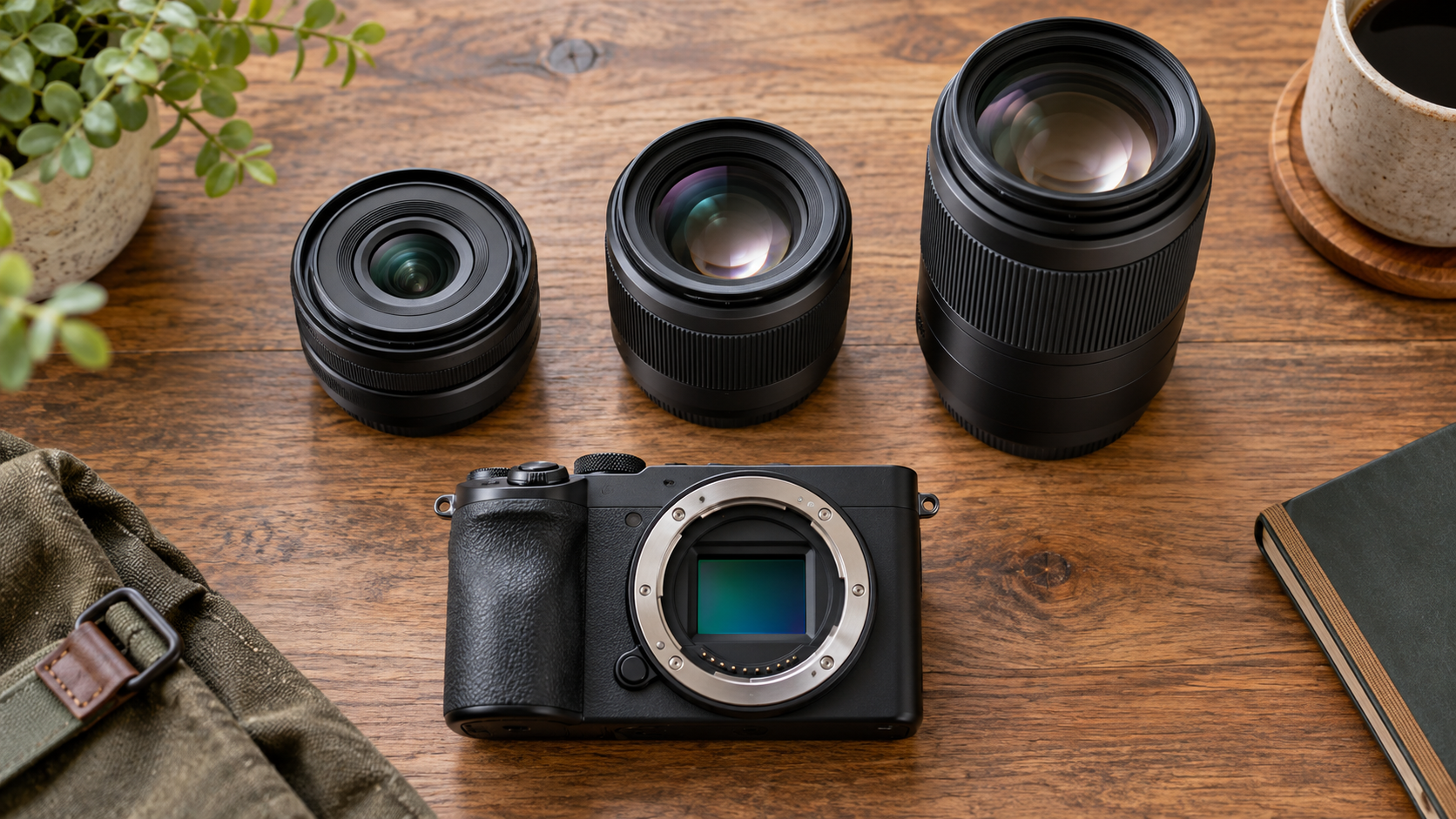 α6000用レンズ選びをイメージしたミラーレスカメラと3本の交換レンズ