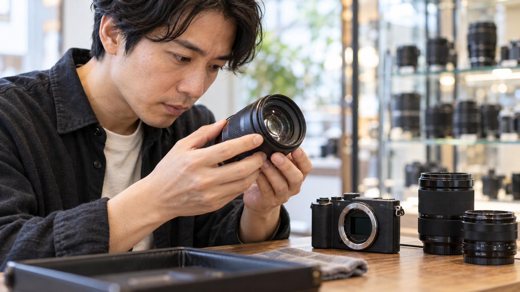 中古Eマウントレンズの前玉や外観を確認する日本人男性