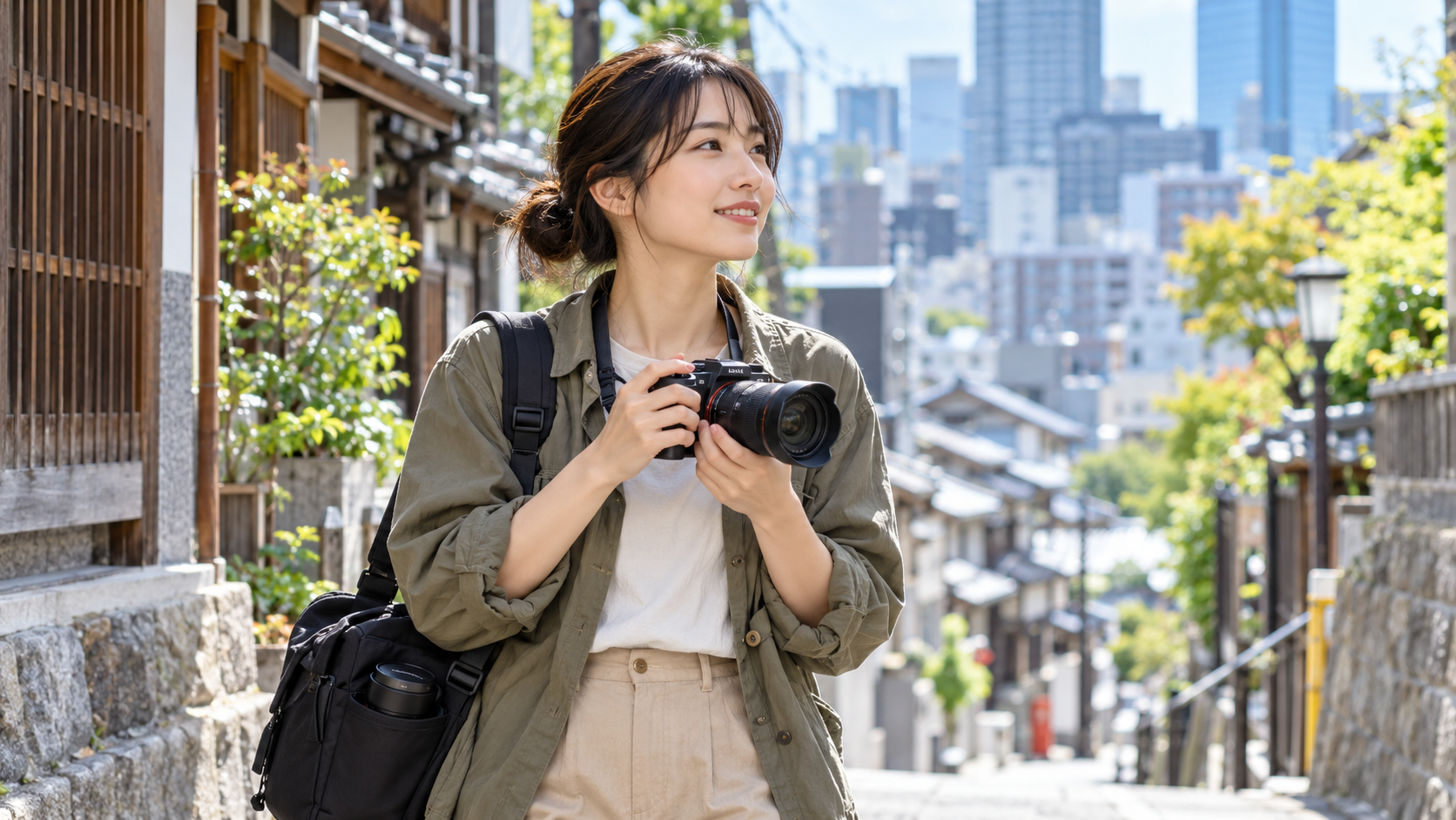 旅行先の街並みで標準ズーム付きミラーレスカメラを持つ日本人女性